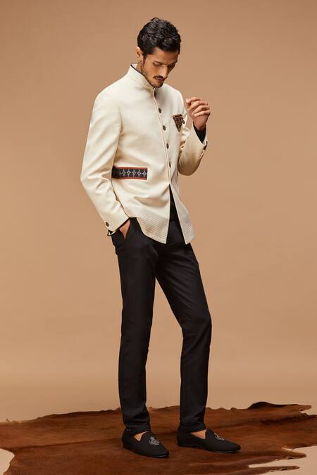 Buy_S&N By Shantnu Nikhil_White Wool, Viscose, Poly Blend Embroidered Bandhgala_Online_at_Aza_Fashions