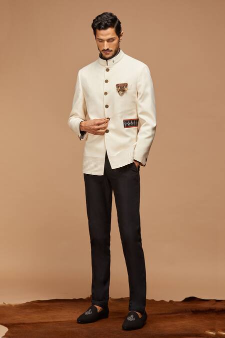 Shop_S&N By Shantnu Nikhil_White Wool, Viscose, Poly Blend Embroidered Bandhgala_Online_at_Aza_Fashions