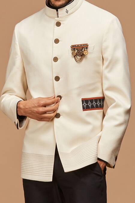 S&N By Shantnu Nikhil_White Wool, Viscose, Poly Blend Embroidered Bandhgala_at_Aza_Fashions