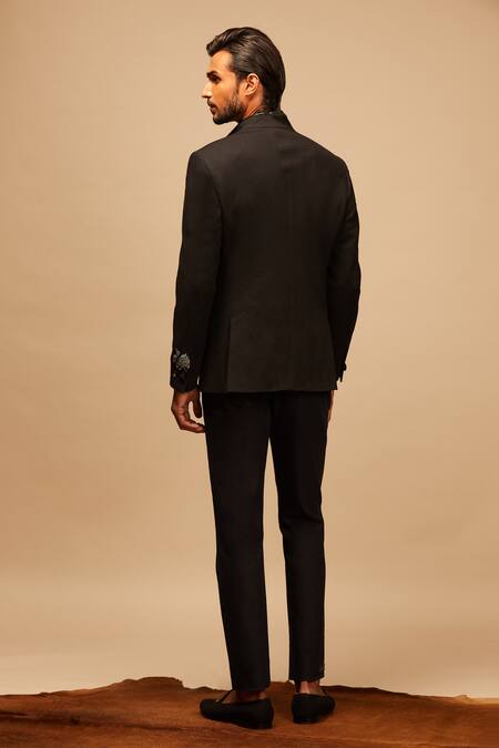 Shop_S&N By Shantnu Nikhil_Black Cotton, Poly Blend Overlap Bandhgala_at_Aza_Fashions