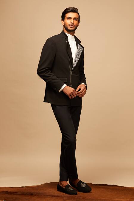 S&N By Shantnu Nikhil_Black Cotton, Poly Blend Overlap Bandhgala_Online_at_Aza_Fashions