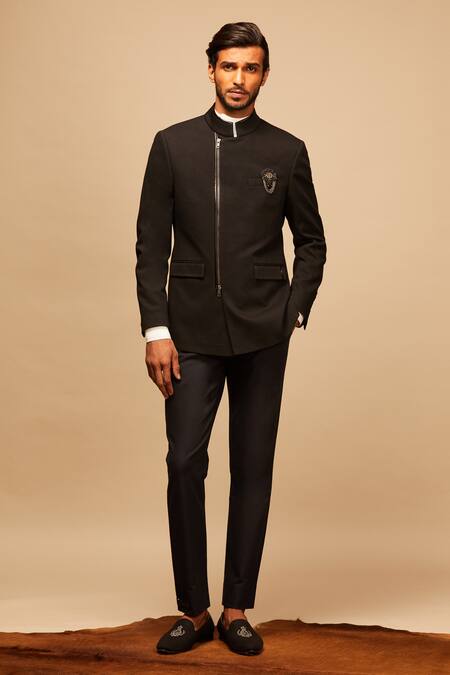 Buy_S&N By Shantnu Nikhil_Black Cotton, Poly Blend Overlap Bandhgala_Online_at_Aza_Fashions
