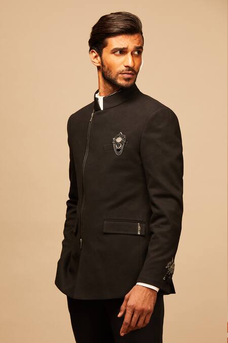 Shop_S&N By Shantnu Nikhil_Black Cotton, Poly Blend Overlap Bandhgala_Online_at_Aza_Fashions