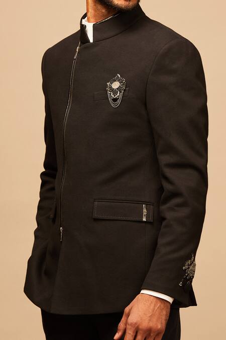 S&N By Shantnu Nikhil_Black Cotton, Poly Blend Overlap Bandhgala_at_Aza_Fashions