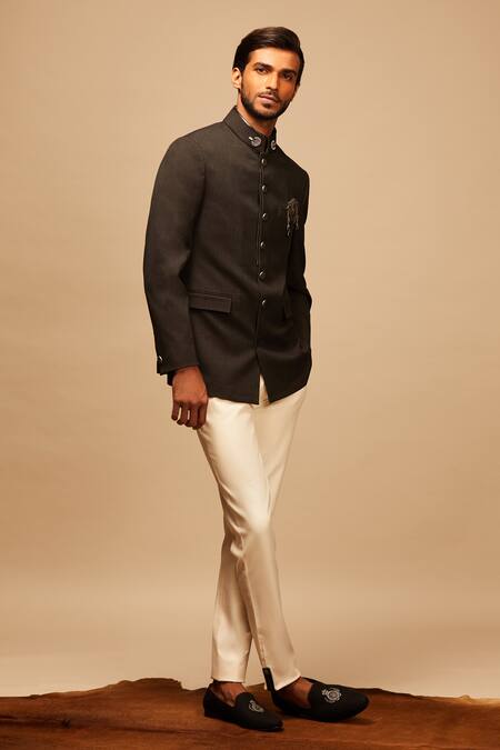 S&N By Shantnu Nikhil_Grey Lycra, Viscose, Poly Blend Hand Embroidered Bandhgala_Online_at_Aza_Fashions