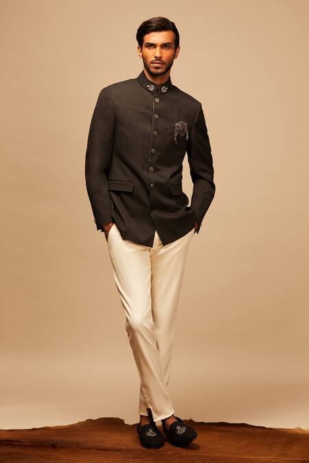 Buy_S&N By Shantnu Nikhil_Grey Lycra, Viscose, Poly Blend Hand Embroidered Bandhgala_Online_at_Aza_Fashions