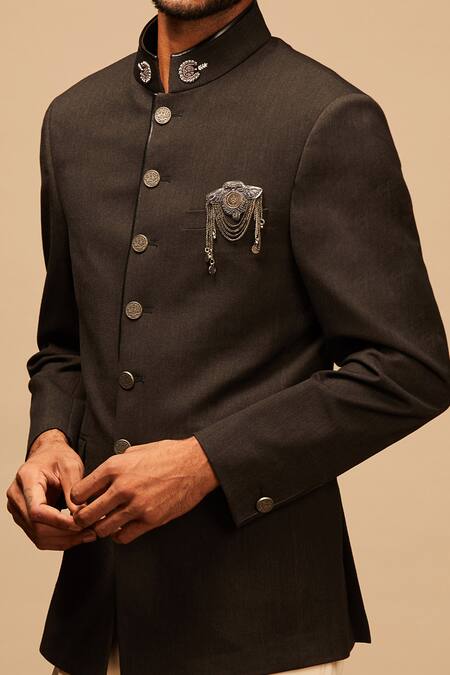 S&N By Shantnu Nikhil_Grey Lycra, Viscose, Poly Blend Hand Embroidered Bandhgala_at_Aza_Fashions