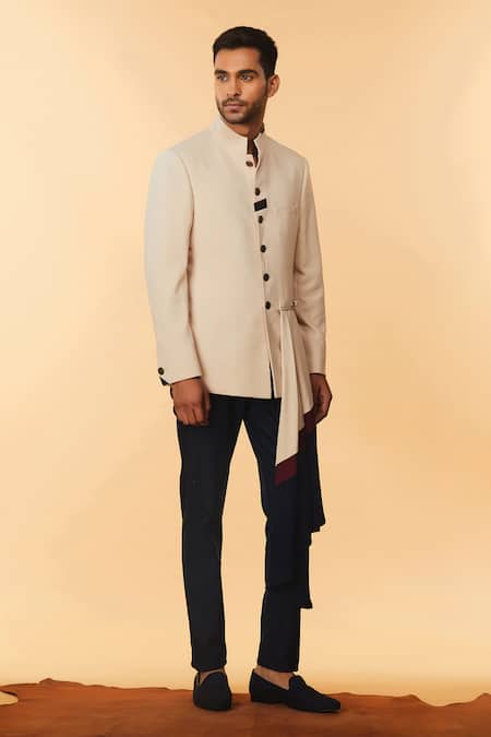 S&N By Shantnu Nikhil_Beige Cotton, Poly Blend Draped Bandhgala_Online_at_Aza_Fashions