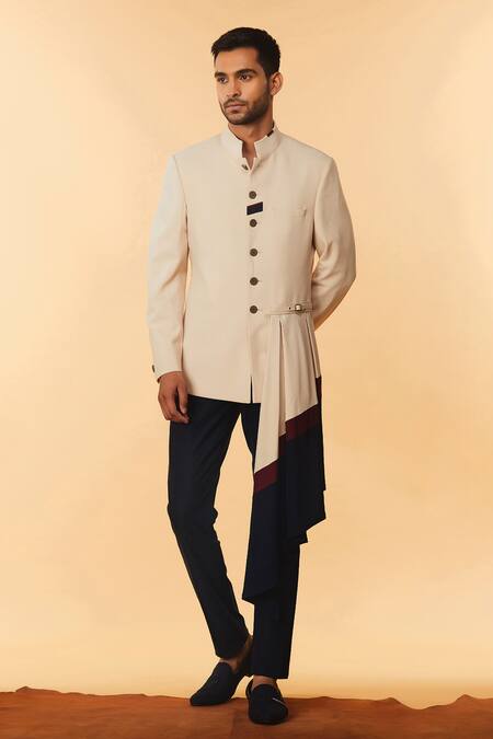 Buy_S&N By Shantnu Nikhil_Beige Cotton, Poly Blend Draped Bandhgala_Online_at_Aza_Fashions