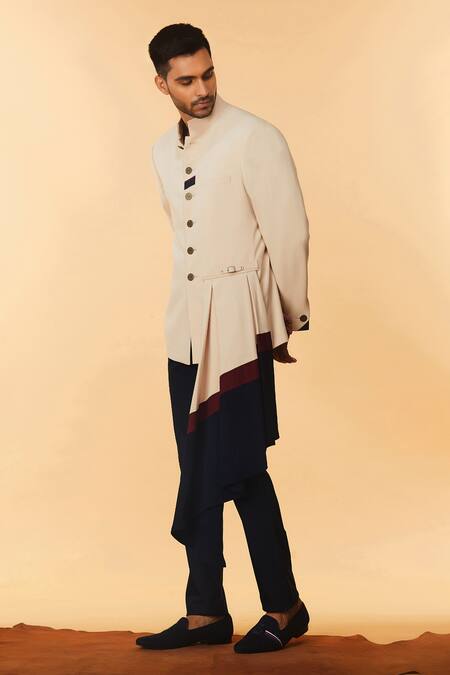 Shop_S&N By Shantnu Nikhil_Beige Cotton, Poly Blend Draped Bandhgala_Online_at_Aza_Fashions