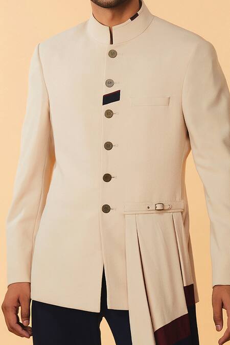 S&N By Shantnu Nikhil_Beige Cotton, Poly Blend Draped Bandhgala_at_Aza_Fashions