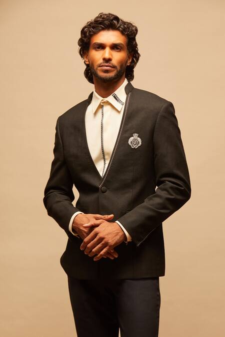 Shop_S&N By Shantnu Nikhil_Black Wool, Viscose, Poly Blend Crested Blazer_Online_at_Aza_Fashions