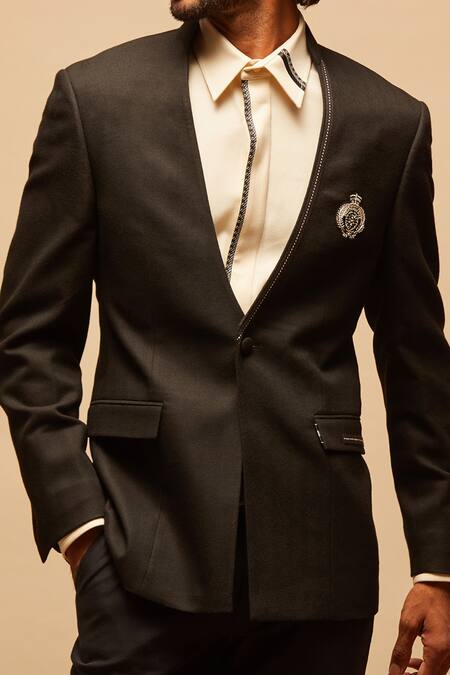 S&N By Shantnu Nikhil_Black Wool, Viscose, Poly Blend Crested Blazer_at_Aza_Fashions