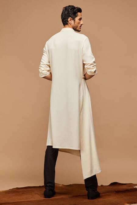 Shop_S&N By Shantnu Nikhil_White Cotton, Poly Blend Asymmetric Draped Kurta_at_Aza_Fashions