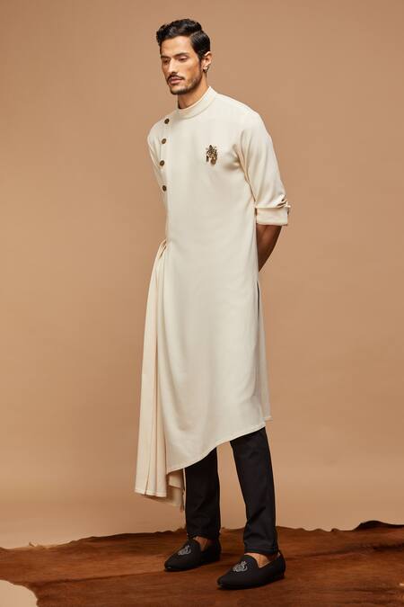 S&N By Shantnu Nikhil_White Cotton, Poly Blend Asymmetric Draped Kurta_Online_at_Aza_Fashions