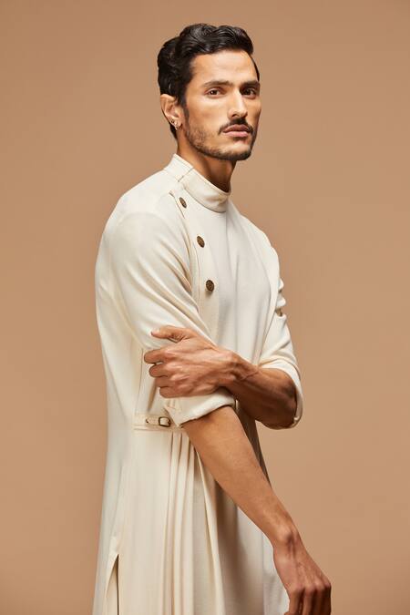Buy_S&N By Shantnu Nikhil_White Cotton, Poly Blend Asymmetric Draped Kurta_Online_at_Aza_Fashions