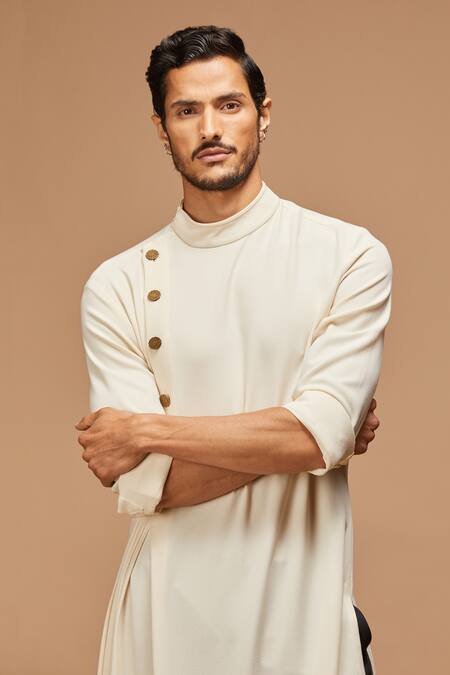 Shop_S&N By Shantnu Nikhil_White Cotton, Poly Blend Asymmetric Draped Kurta_Online_at_Aza_Fashions