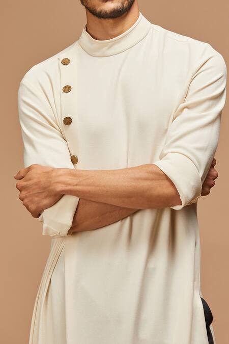 S&N By Shantnu Nikhil_White Cotton, Poly Blend Asymmetric Draped Kurta_at_Aza_Fashions