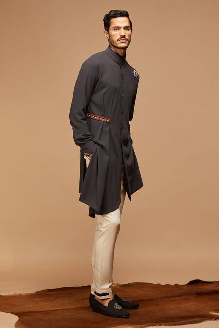 S&N By Shantnu Nikhil_Grey Lycra, Viscose, Poly Blend Asymmetric Draped Kurta_Online_at_Aza_Fashions