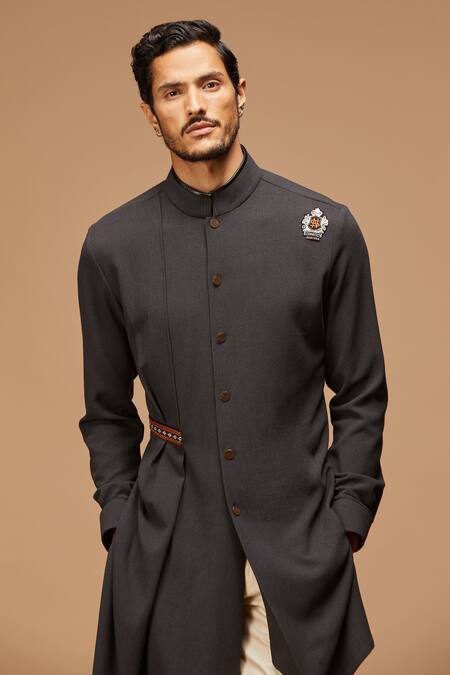 Buy_S&N By Shantnu Nikhil_Grey Lycra, Viscose, Poly Blend Asymmetric Draped Kurta_Online_at_Aza_Fashions