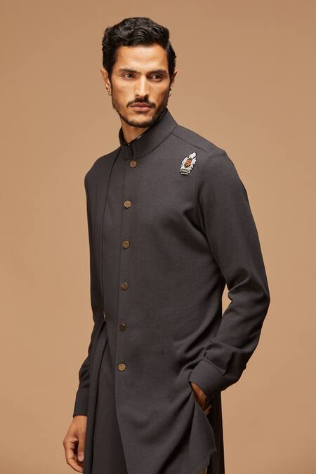 Shop_S&N By Shantnu Nikhil_Grey Lycra, Viscose, Poly Blend Asymmetric Draped Kurta_Online_at_Aza_Fashions