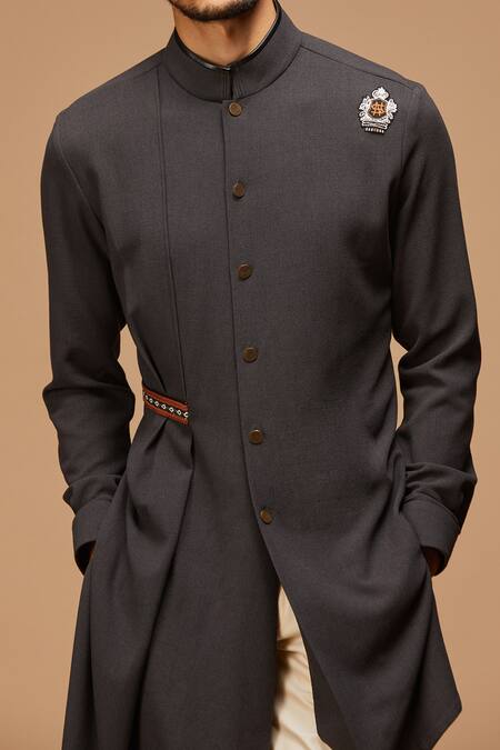 S&N By Shantnu Nikhil_Grey Lycra, Viscose, Poly Blend Asymmetric Draped Kurta_at_Aza_Fashions