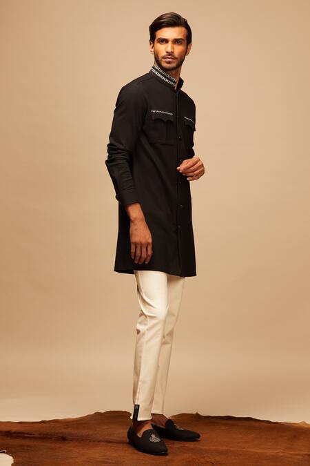 S&N By Shantnu Nikhil_Black Cotton Embroidered Shirt Kurta_Online_at_Aza_Fashions