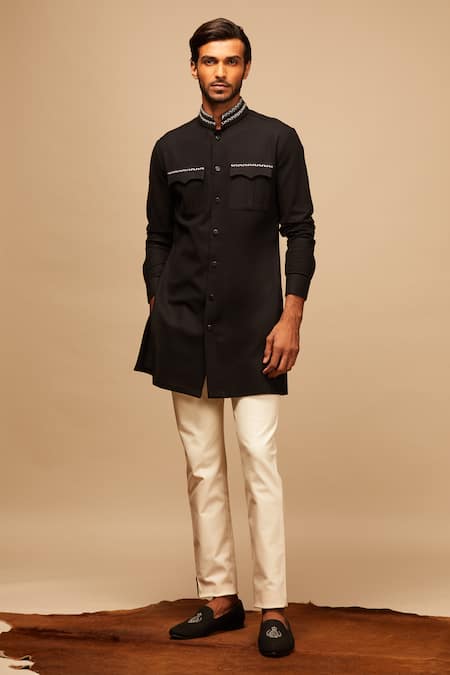 Buy_S&N By Shantnu Nikhil_Black Cotton Embroidered Shirt Kurta_Online_at_Aza_Fashions