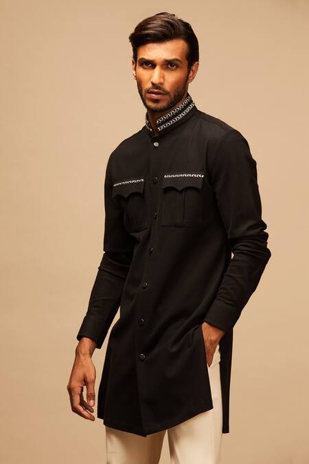 Shop_S&N By Shantnu Nikhil_Black Cotton Embroidered Shirt Kurta_Online_at_Aza_Fashions
