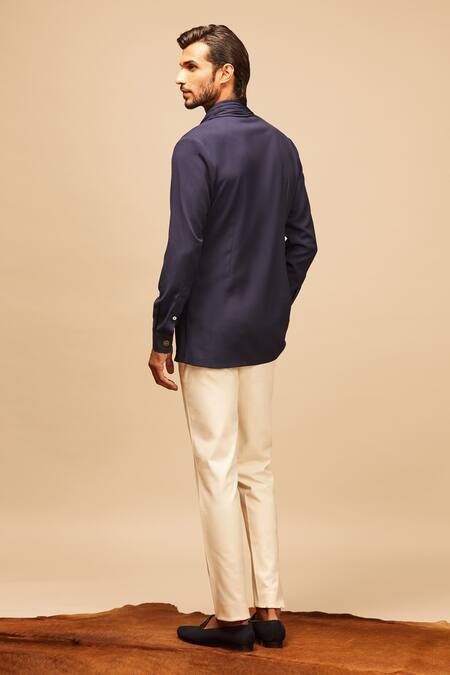 Shop S&N By Shantnu Nikhil Blue Lycra, Viscose, Terylene Cowl Draped Shirt at Aza Fashions Shop_S&N By Shantnu Nikhil_Blue Lycra, Viscose, Terylene Cowl Draped Shirt_at_Aza_Fashions