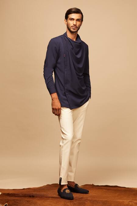 S&N By Shantnu Nikhil Blue Lycra, Viscose, Terylene Cowl Draped Shirt Online at Aza Fashions S&N By Shantnu Nikhil_Blue Lycra, Viscose, Terylene Cowl Draped Shirt_Online_at_Aza_Fashions