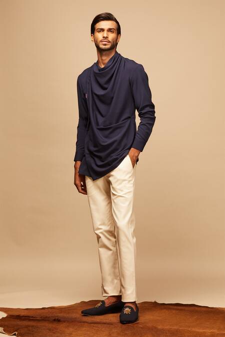 Buy S&N By Shantnu Nikhil Blue Lycra, Viscose, Terylene Cowl Draped Shirt Online at Aza Fashions Buy_S&N By Shantnu Nikhil_Blue Lycra, Viscose, Terylene Cowl Draped Shirt_Online_at_Aza_Fashions