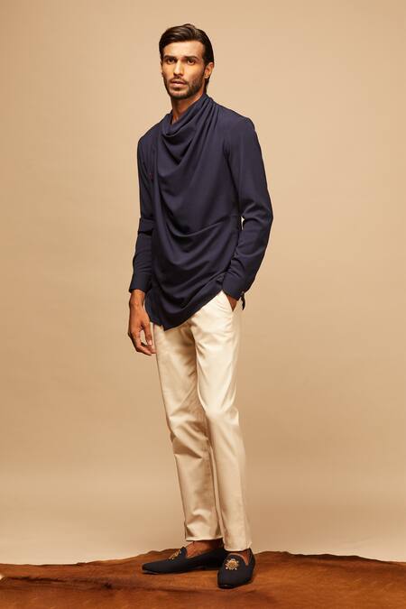 Shop S&N By Shantnu Nikhil Blue Lycra, Viscose, Terylene Cowl Draped Shirt Online at Aza Fashions Shop_S&N By Shantnu Nikhil_Blue Lycra, Viscose, Terylene Cowl Draped Shirt_Online_at_Aza_Fashions