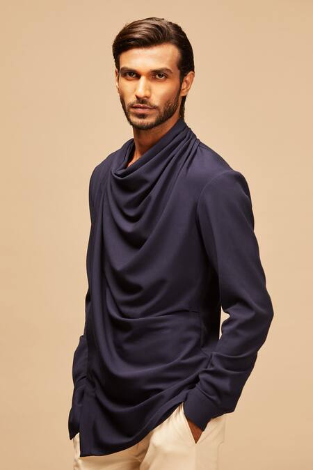 S&N By Shantnu Nikhil Blue Lycra, Viscose, Terylene Cowl Draped Shirt at Aza Fashions S&N By Shantnu Nikhil_Blue Lycra, Viscose, Terylene Cowl Draped Shirt_at_Aza_Fashions