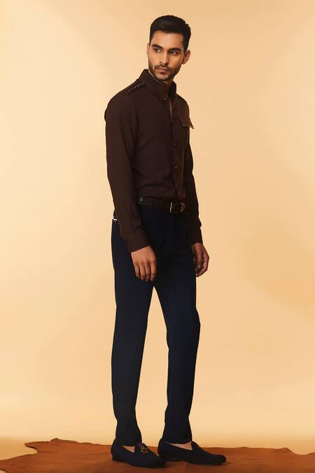 S&N By Shantnu Nikhil_Brown Lycra, Viscose, Terylene Nehru Collar Shirt_Online_at_Aza_Fashions