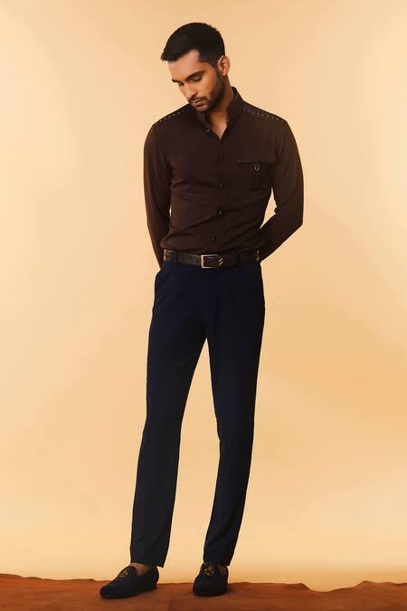 Buy_S&N By Shantnu Nikhil_Brown Lycra, Viscose, Terylene Nehru Collar Shirt_Online_at_Aza_Fashions