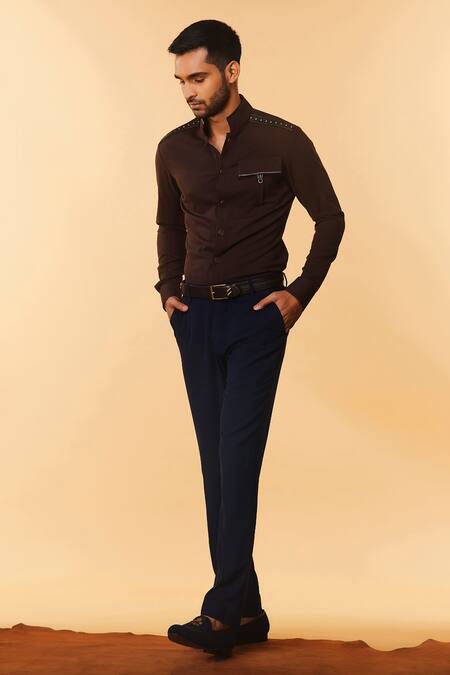 Shop_S&N By Shantnu Nikhil_Brown Lycra, Viscose, Terylene Nehru Collar Shirt_Online_at_Aza_Fashions