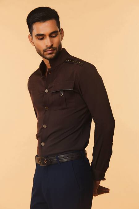 S&N By Shantnu Nikhil_Brown Lycra, Viscose, Terylene Nehru Collar Shirt_at_Aza_Fashions