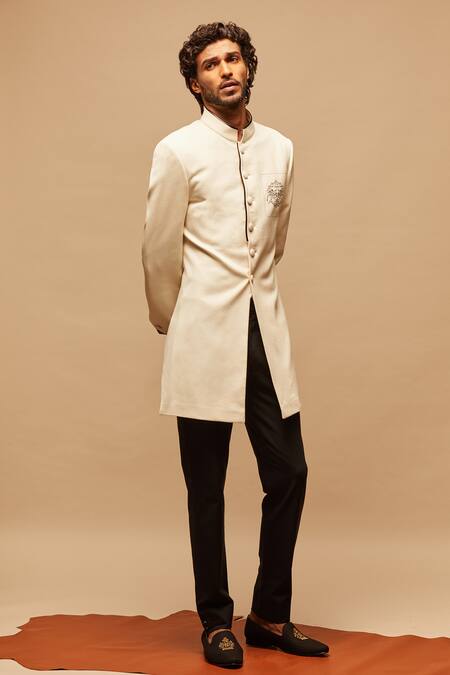 S&N By Shantnu Nikhil_White Cotton, Poly Blend Embroidered Sherwani_Online_at_Aza_Fashions
