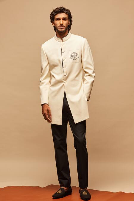 Buy_S&N By Shantnu Nikhil_White Cotton, Poly Blend Embroidered Sherwani_Online_at_Aza_Fashions