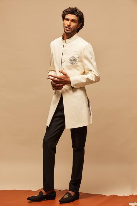 Shop_S&N By Shantnu Nikhil_White Cotton, Poly Blend Embroidered Sherwani_Online_at_Aza_Fashions