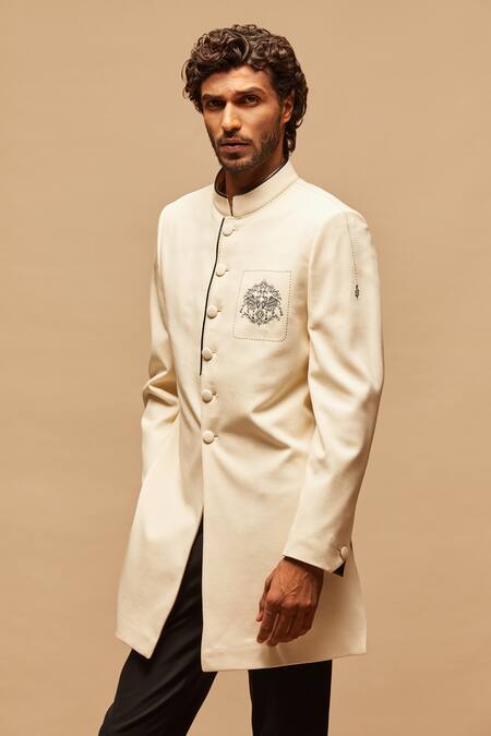 S&N By Shantnu Nikhil_White Cotton, Poly Blend Embroidered Sherwani_at_Aza_Fashions