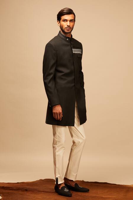 S&N By Shantnu Nikhil_Black Wool, Viscose, Poly Blend Embroidered Sherwani_Online_at_Aza_Fashions