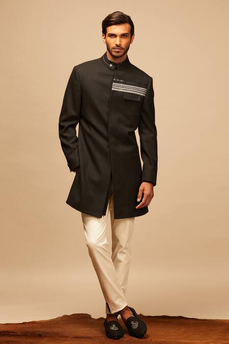 Buy_S&N By Shantnu Nikhil_Black Wool, Viscose, Poly Blend Embroidered Sherwani_Online_at_Aza_Fashions