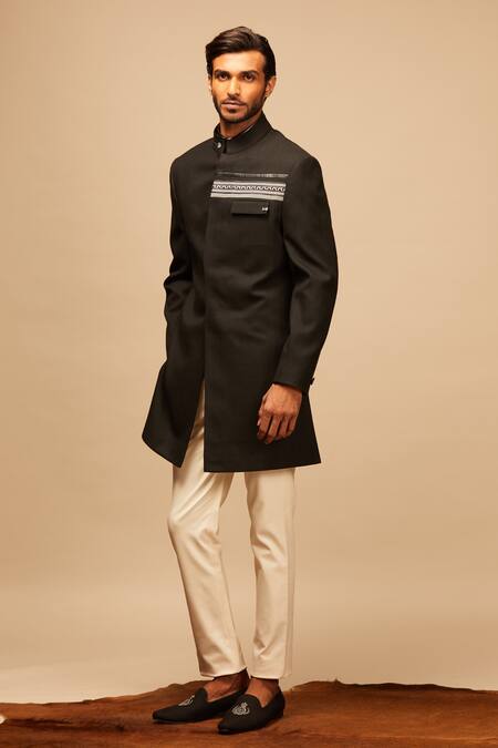 Shop_S&N By Shantnu Nikhil_Black Wool, Viscose, Poly Blend Embroidered Sherwani_Online_at_Aza_Fashions