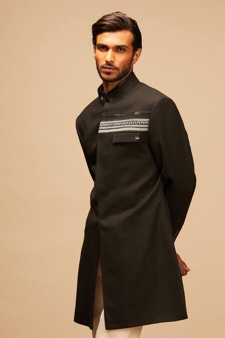 S&N By Shantnu Nikhil_Black Wool, Viscose, Poly Blend Embroidered Sherwani_at_Aza_Fashions