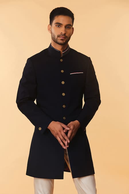 S&N by Shantnu Nikhil Blue Poly Blend Button Down Bandhgala 