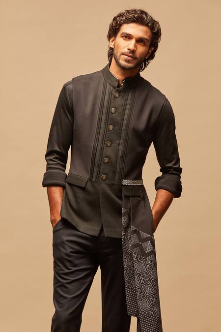 Shop S&N By Shantnu Nikhil Black Wool, Viscose, Poly Blend Block Print Draped Bundi Online at Aza Fashions Shop_S&N By Shantnu Nikhil_Black Wool, Viscose, Poly Blend Block Print Draped Bundi_Online_at_Aza_Fashions