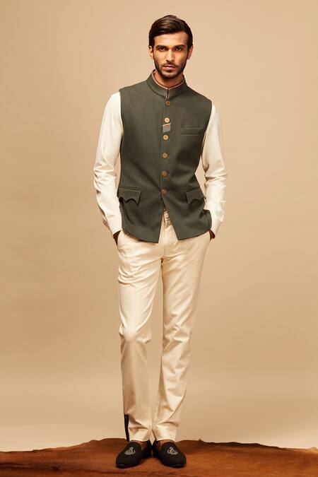 Buy_S&N By Shantnu Nikhil_Green Cotton, Poly Blend Button Front Bundi_Online_at_Aza_Fashions