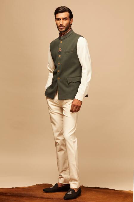 Shop_S&N By Shantnu Nikhil_Green Cotton, Poly Blend Button Front Bundi_Online_at_Aza_Fashions